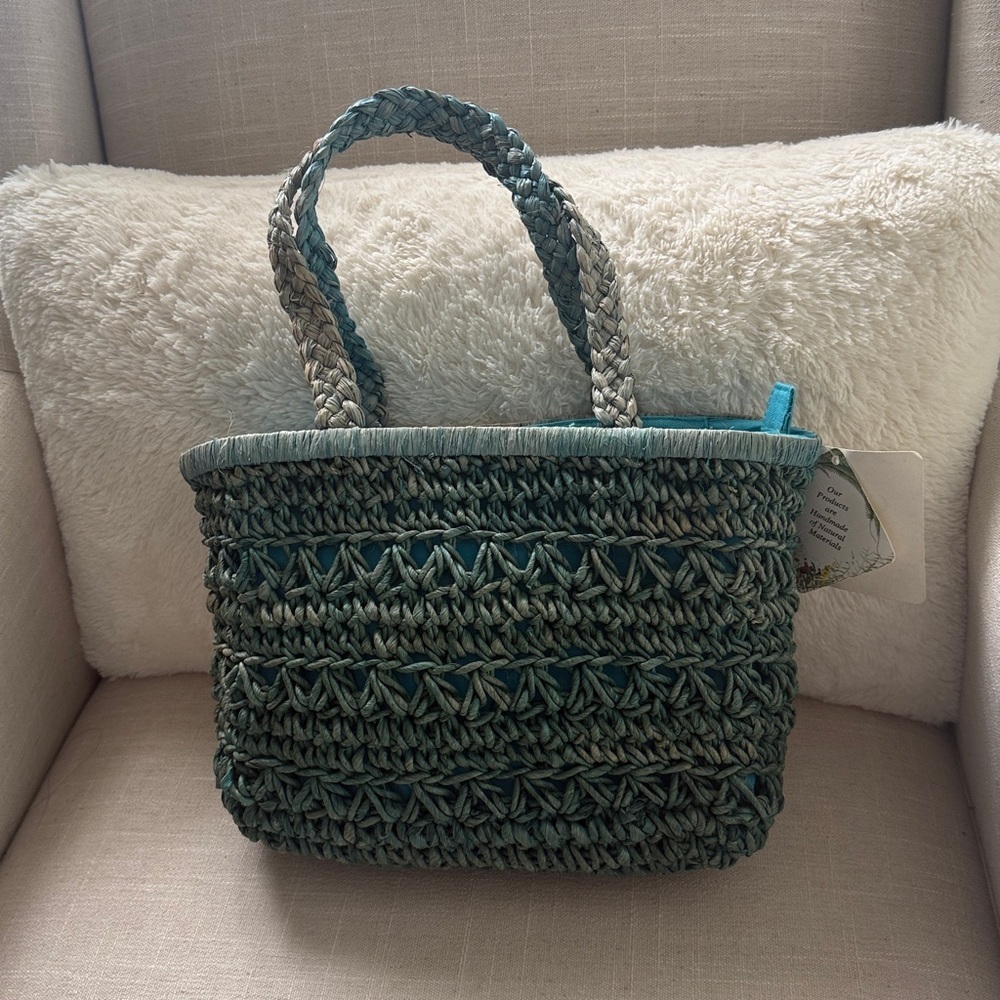 Cappella Straworld Boho Beach Bag Tote Zipper Closure Handwoven Teal Crochet